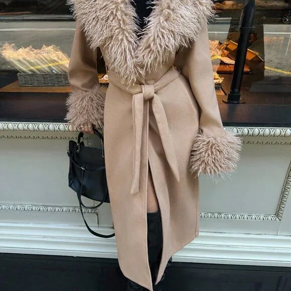 Khaki Bohemian Women's Long Coat with Faux Fur Trim - Picture 4 of 8